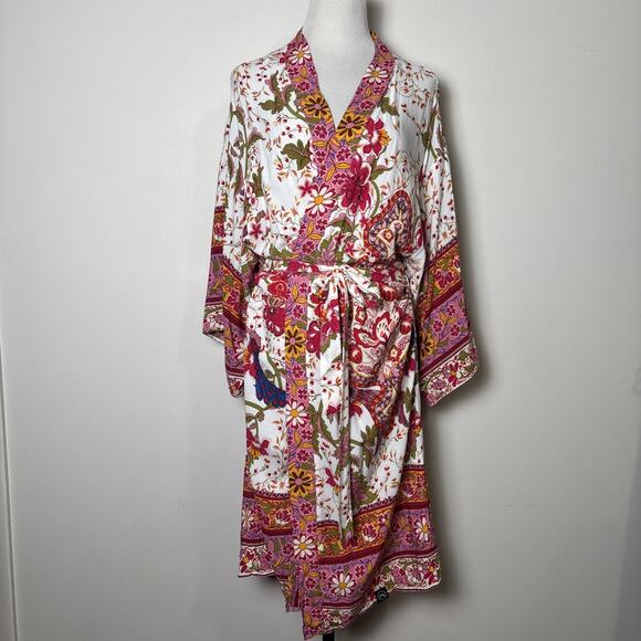 Wildflower Womens Boho Tie Front Kimono One Size Indie Hippie Floral Bird Print - Picture 1 of 9